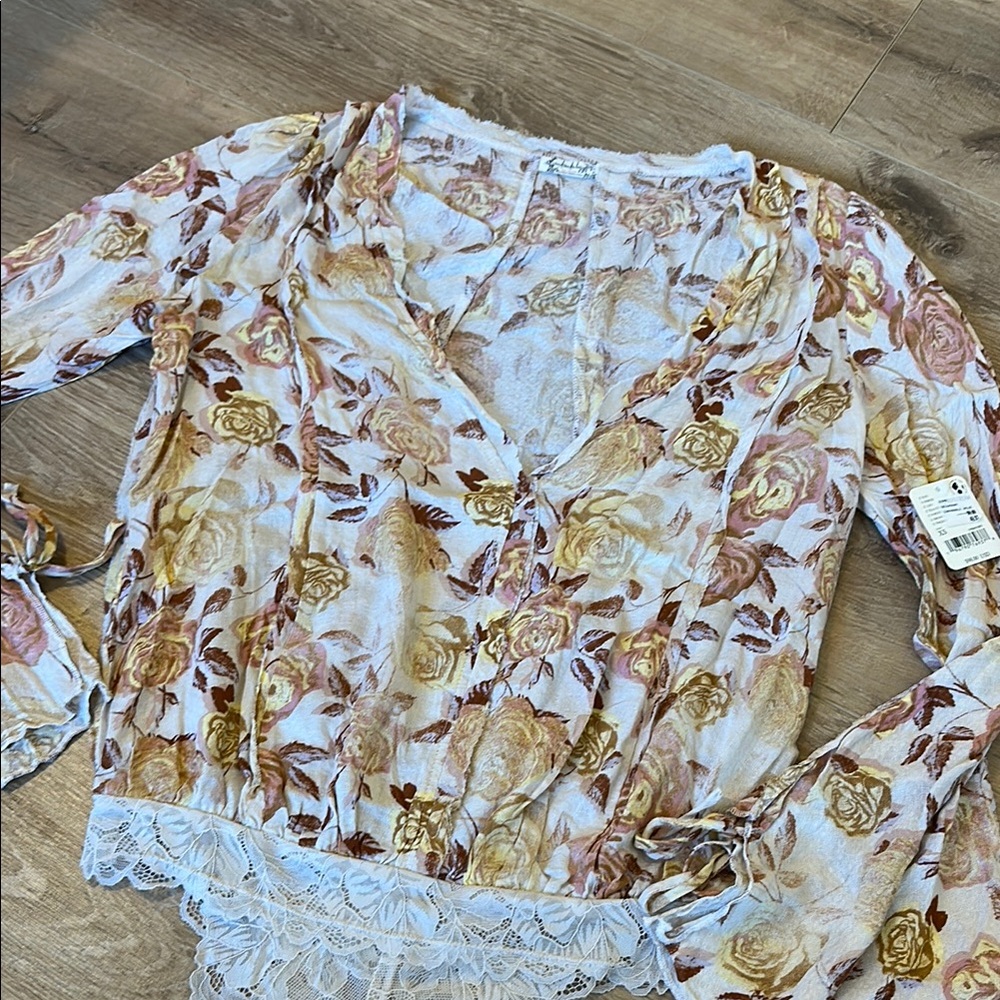 Free People Floral Lace Blouse in Cream and Brown